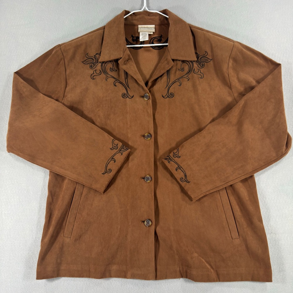 Coldwater Creek Brown Faux Suede Embroidered Button Front Jacket Large Cognac